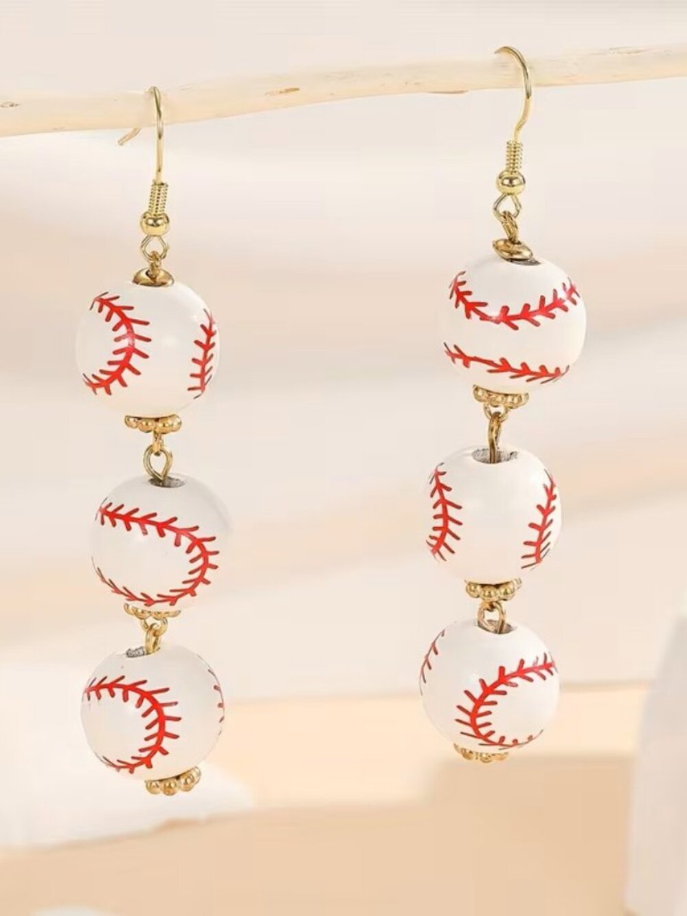 Baseball Pattern Round Beads Design Long Dangle Earrings Z3